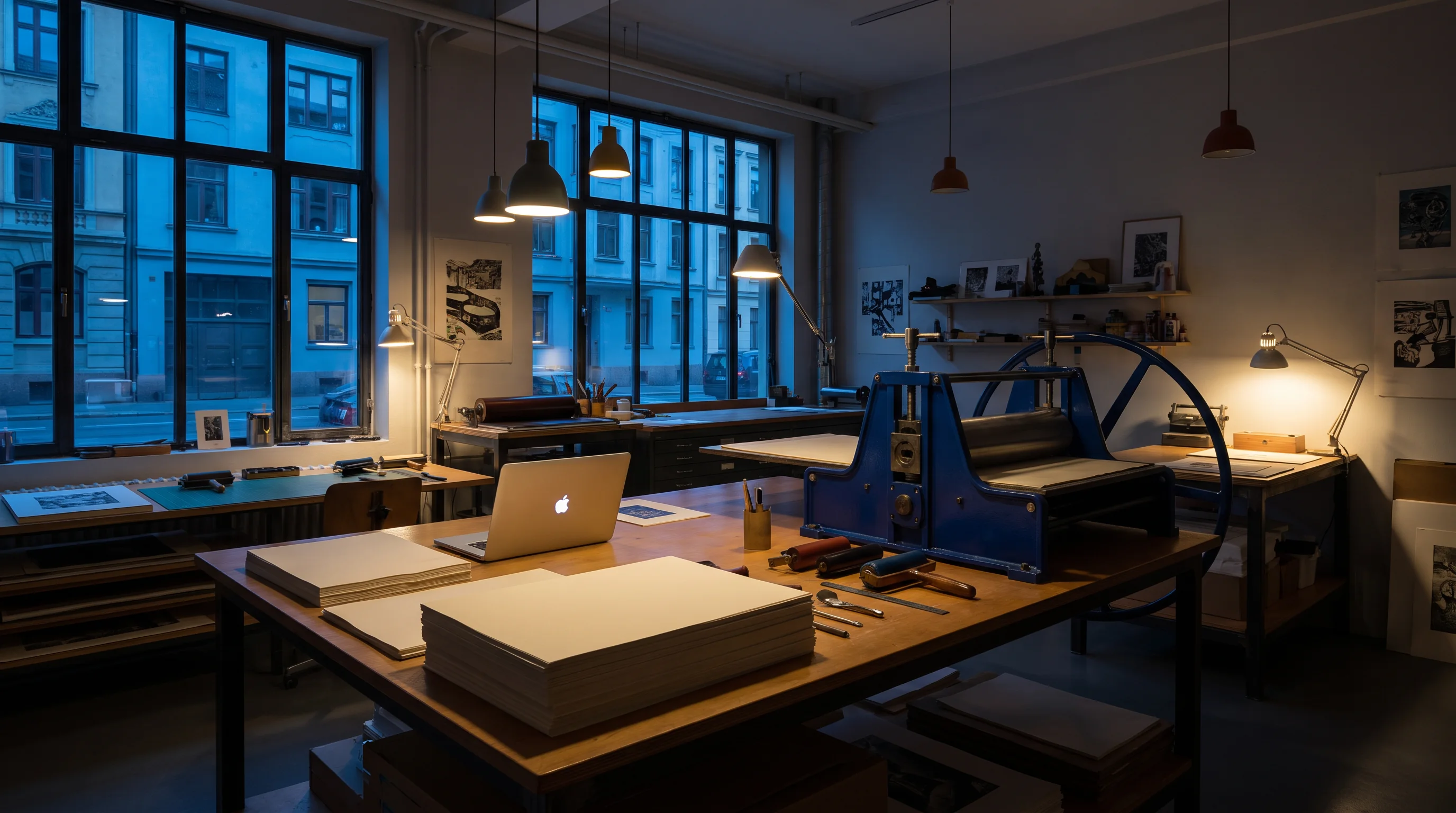 A letterpress workshop at dusk with a blue press