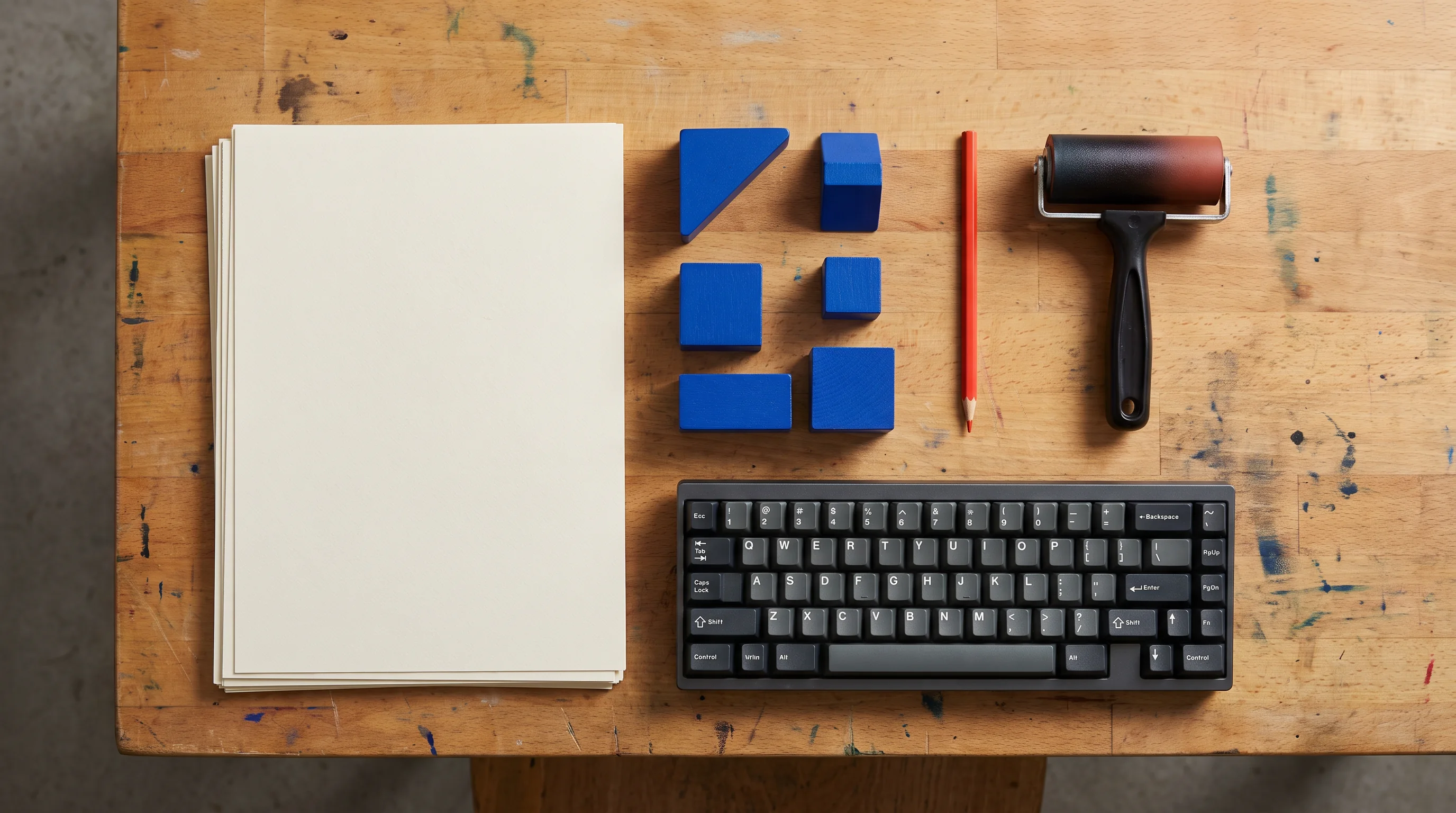 Keyboard, paper, ink roller and blue blocks on a workbench