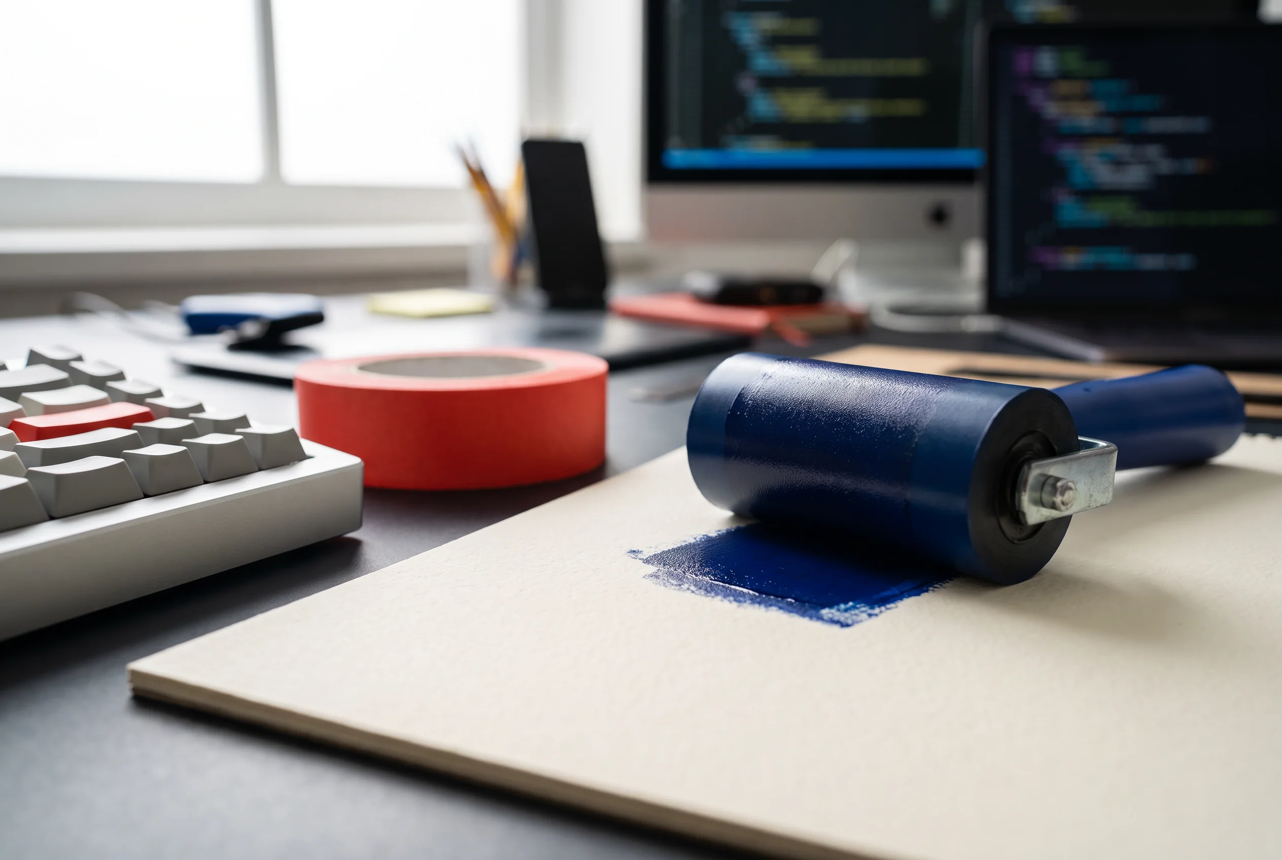 A blue ink roller beside a keyboard and computer code