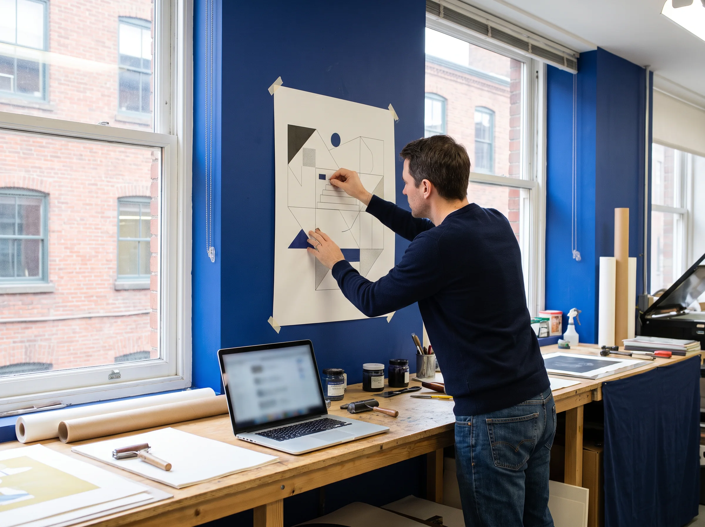 Designer placing geometric print elements on a wall