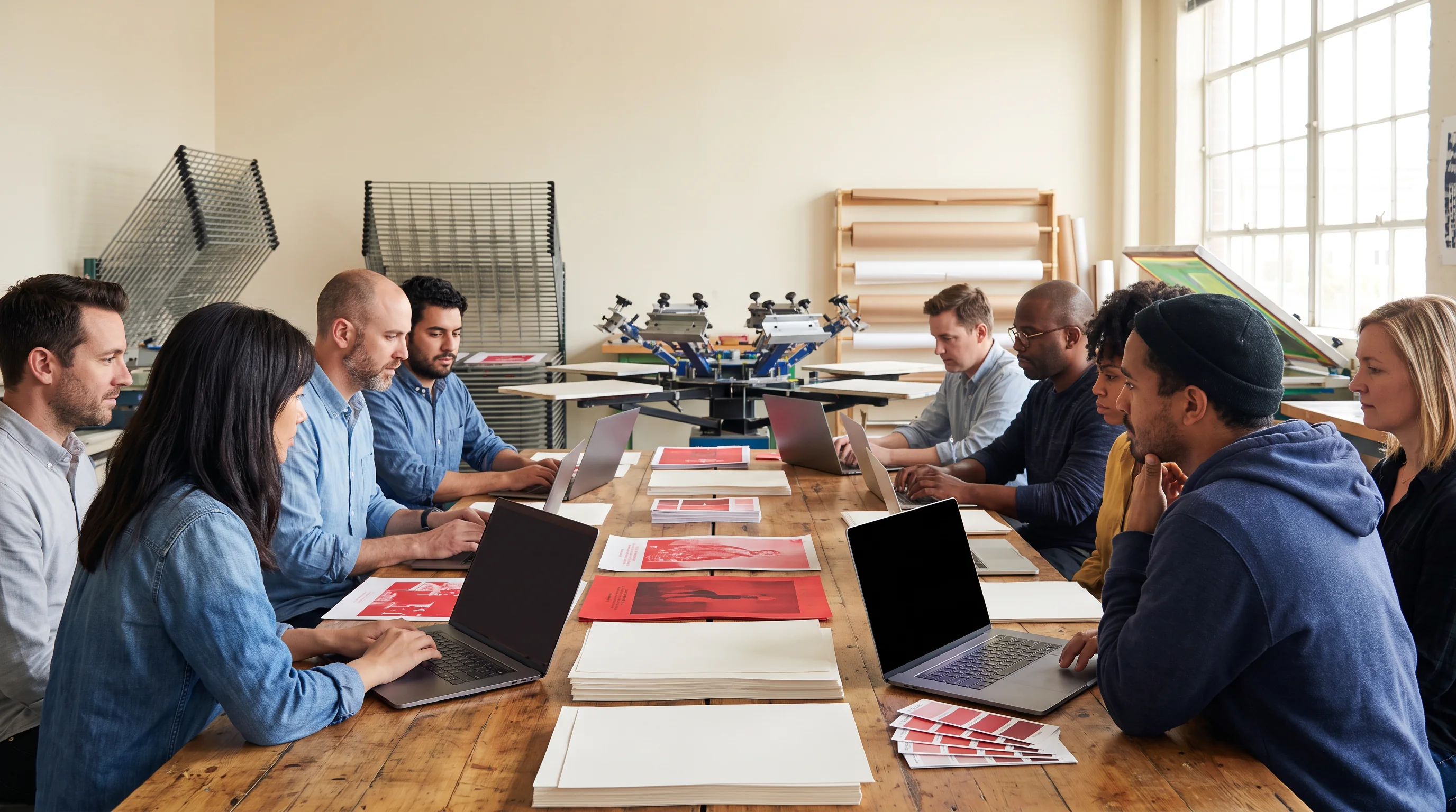 People gathered around a long table in a print studio