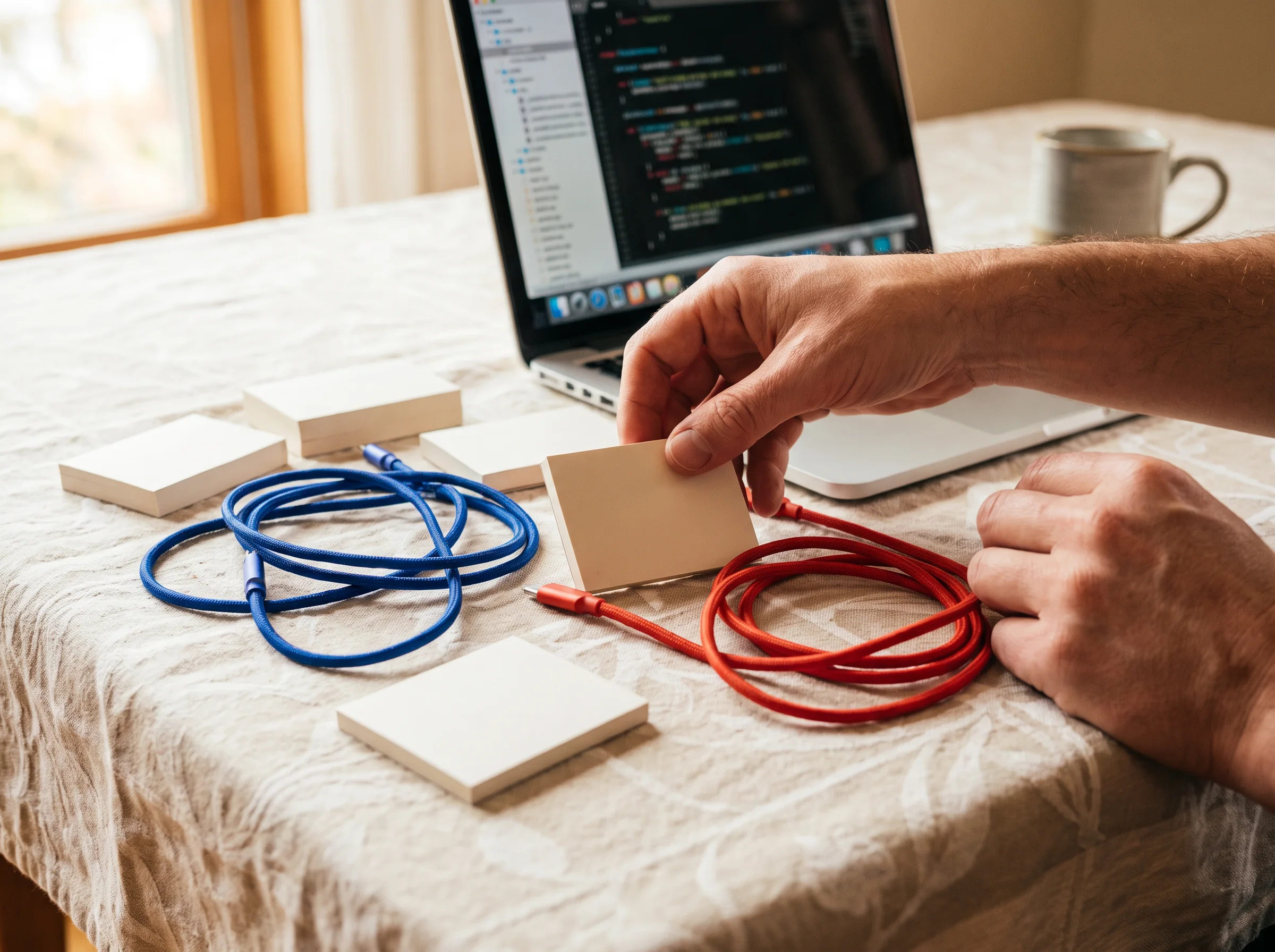 Hands arranging cards and cables beside a laptop with code