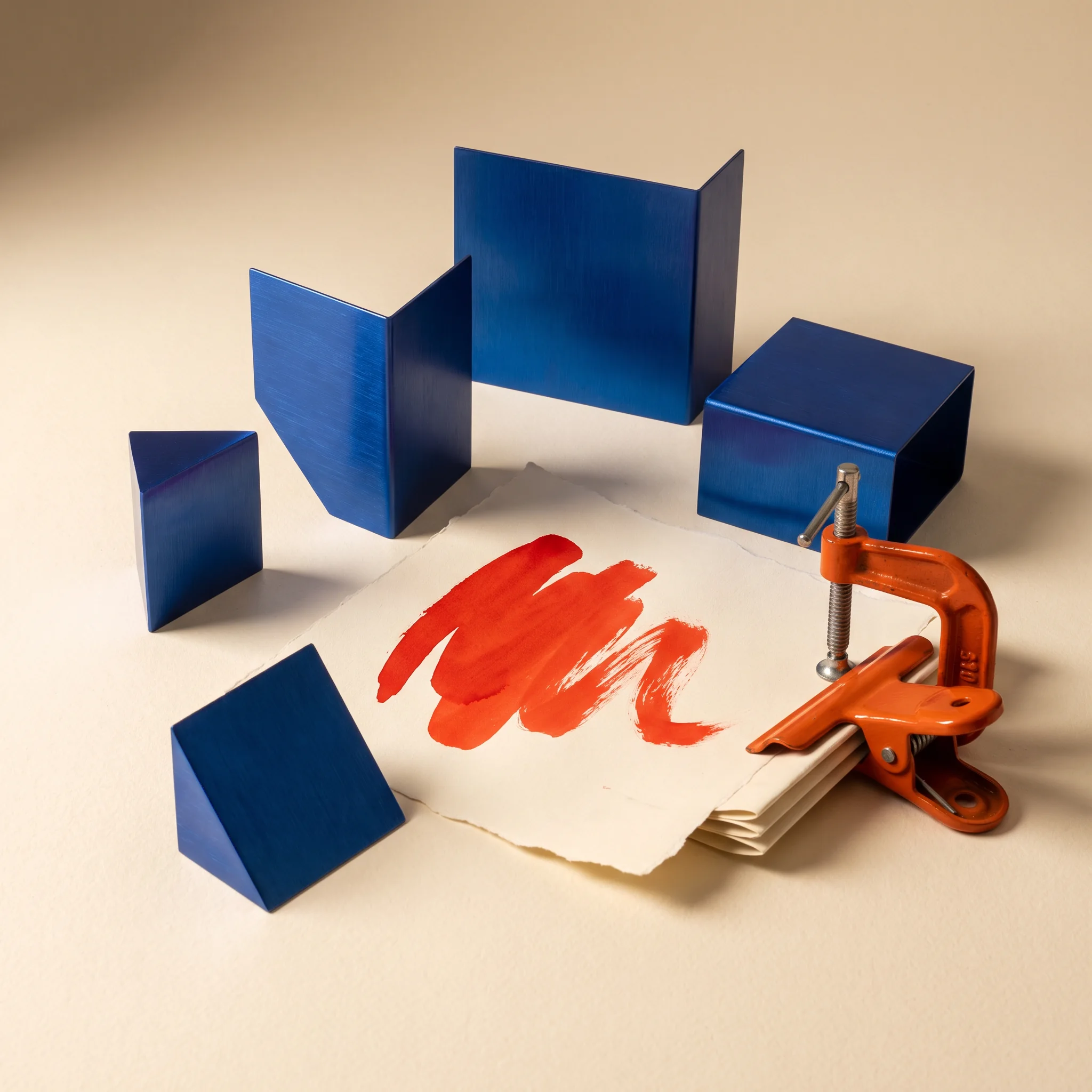 Blue folded forms and an orange clamp on paper with red paint